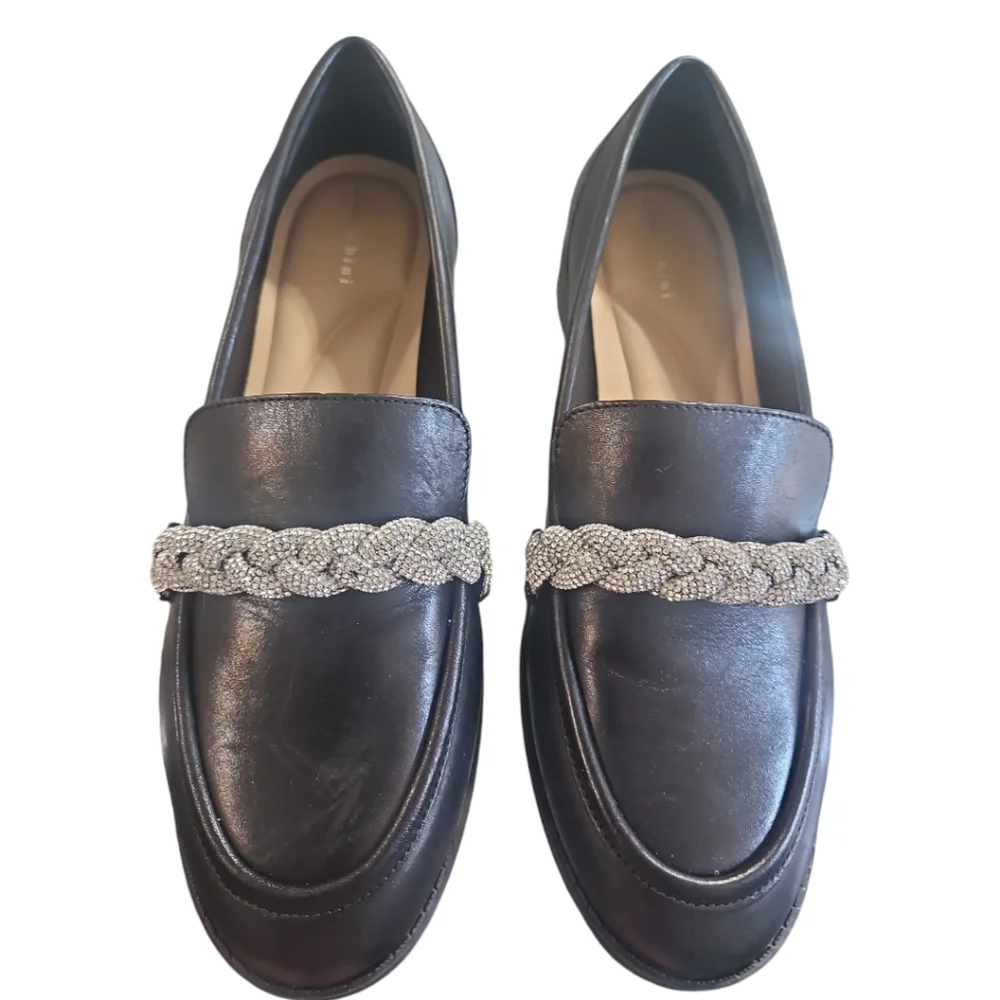 Gianni Bini Bristow Black Leather Rhinestone Braided Loafers Sz 7.5